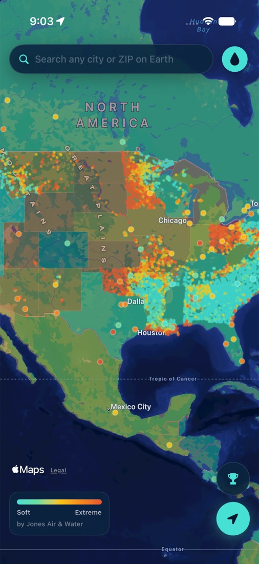 Water hardness map of the United States in the Water Health Check app