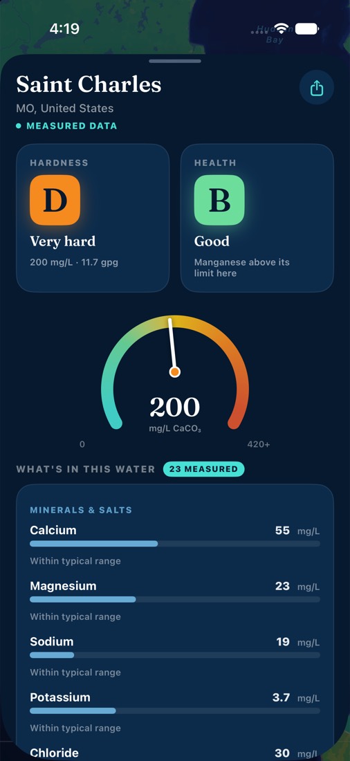 Water report with hardness grade D and health grade B in the Water Health Check app